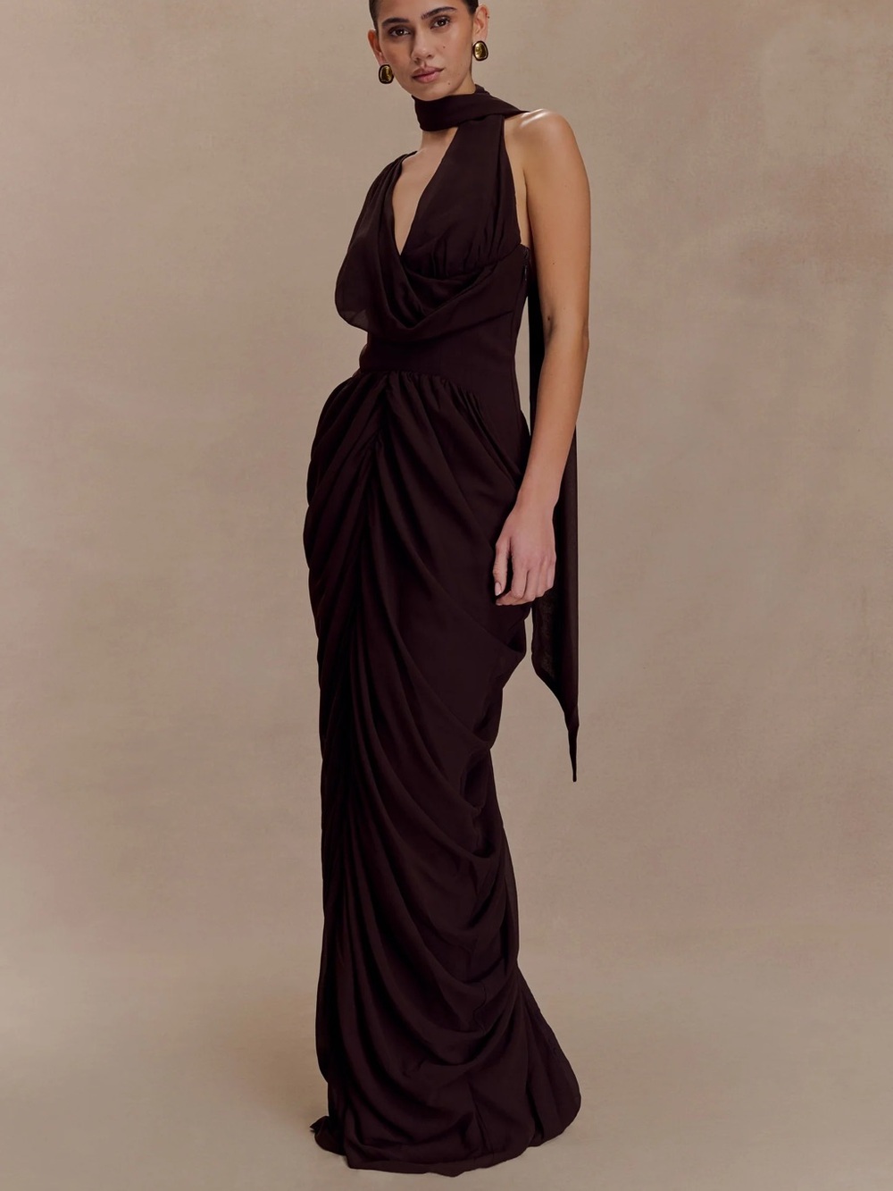 Meshki Alex Chiffon Maxi Dress in Cacao Brown - Picture 5 of 7
